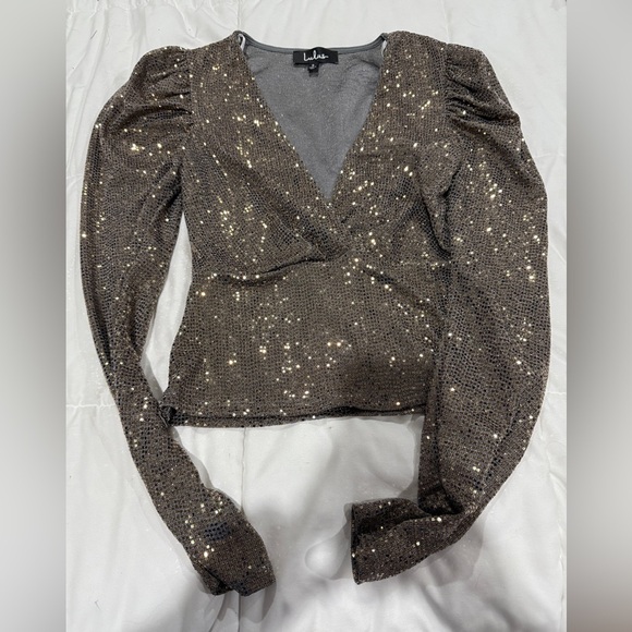Lulu's Gray Sequin Embellished Long Sleeve Blouse - Picture 1 of 2